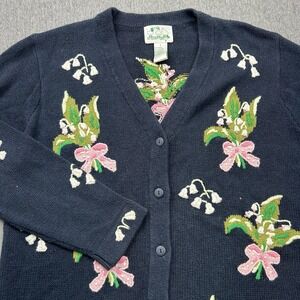Quacker Factory Blue Cardigan Sweater‎ Womens Small Lilly Floral Bows